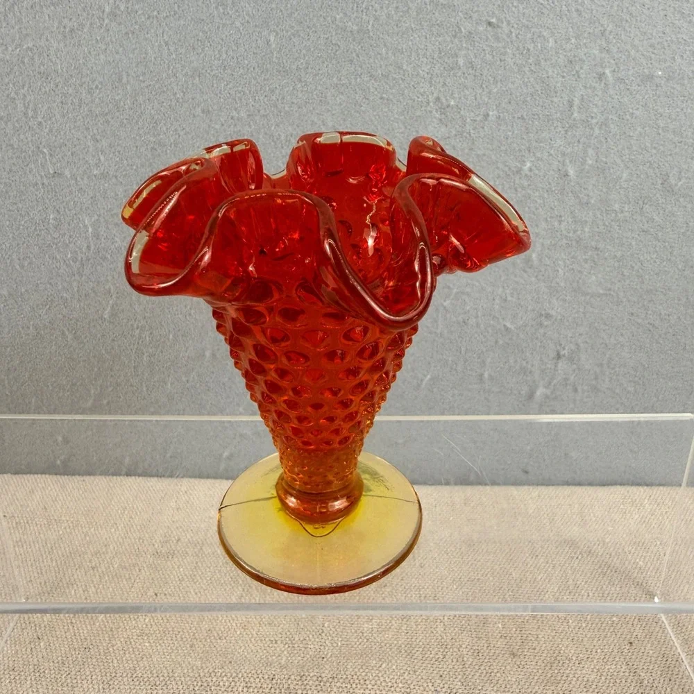 VTG‎ Signed Fenton Amberina Hobnail Ruffled Vase 5
